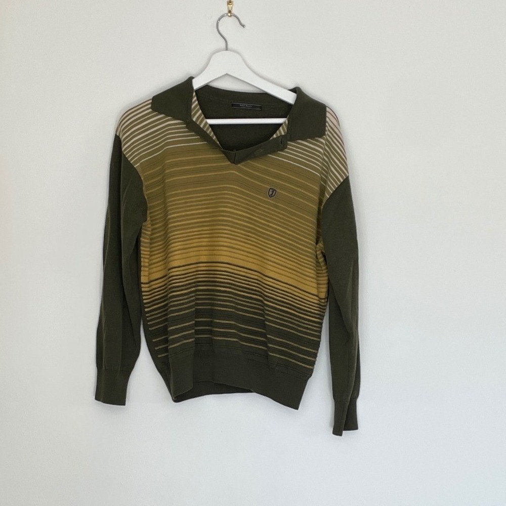 Mil Ford Sports & Golf Mens Long Sleeve Polo Sweater Olive Green Striped‎